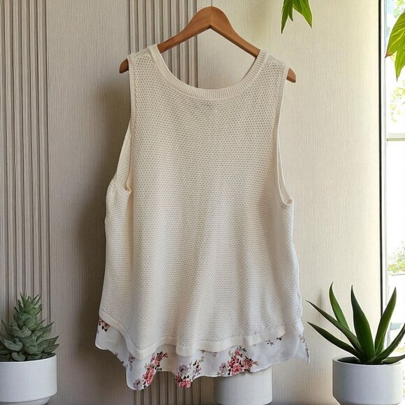 Loft Plus 24/26 Cream Sleeveless Knit Top With Floral Chiffon Hem Womens Blouse - Picture 1 of 8
